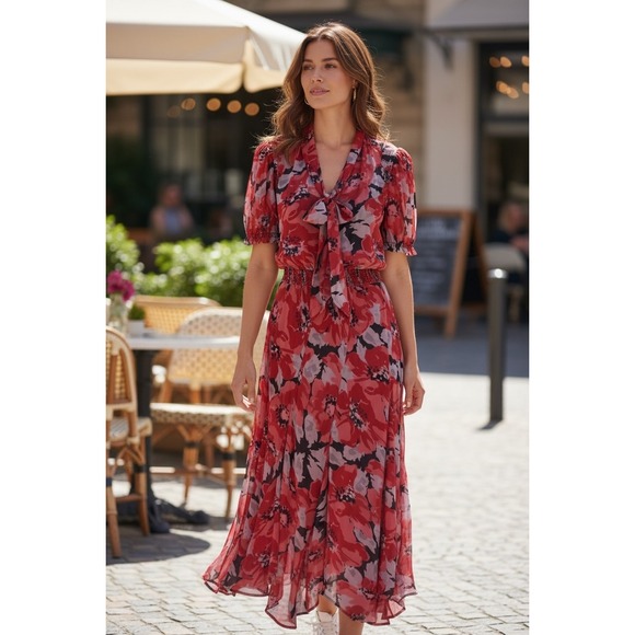 open lace back dress Ralph Lauren Black & Red Floral Ruched Dress